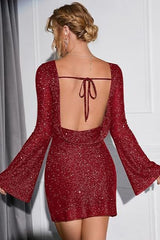Shiny Sequin Backless Tie Long Sleeve Cocktail Dress