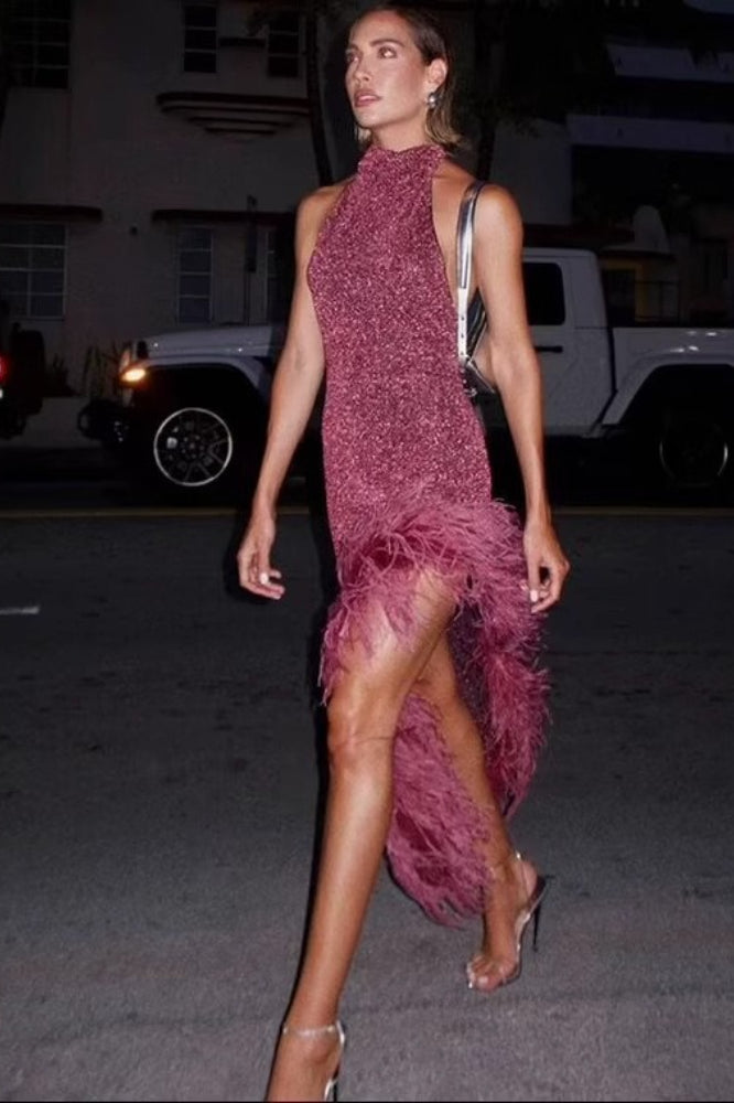 Feather Panel Halter Asymmetrical Graduation Party Dress Main image
