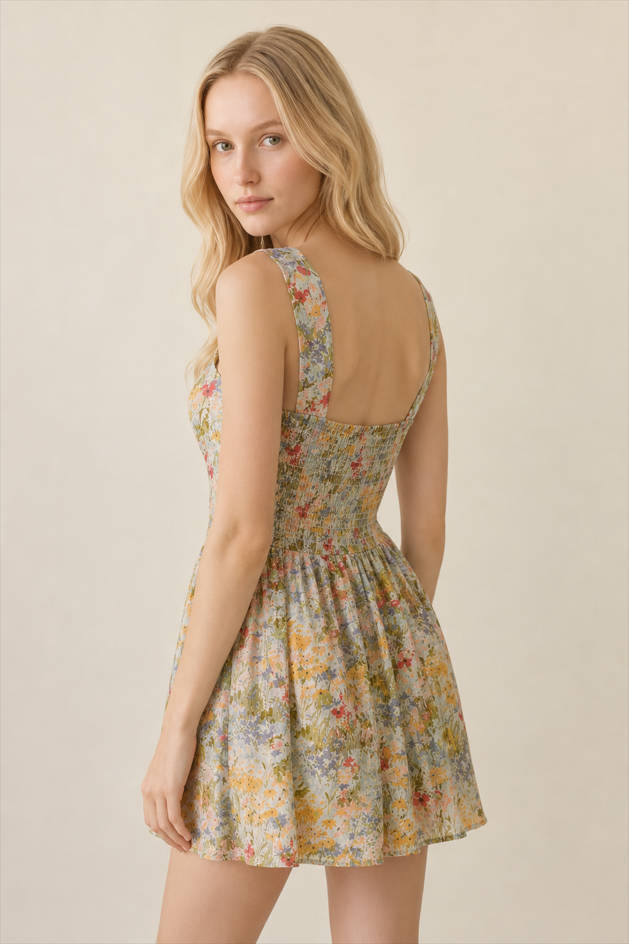 Green V-Neck A-Line Floral Dress
