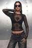 Abstract Print Sheer Mesh Long Sleeve T-shirts