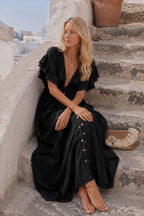 Button Front Drawstring Waist Maxi Boho Dress