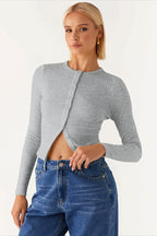 Curved Hem Button Front Knit Top