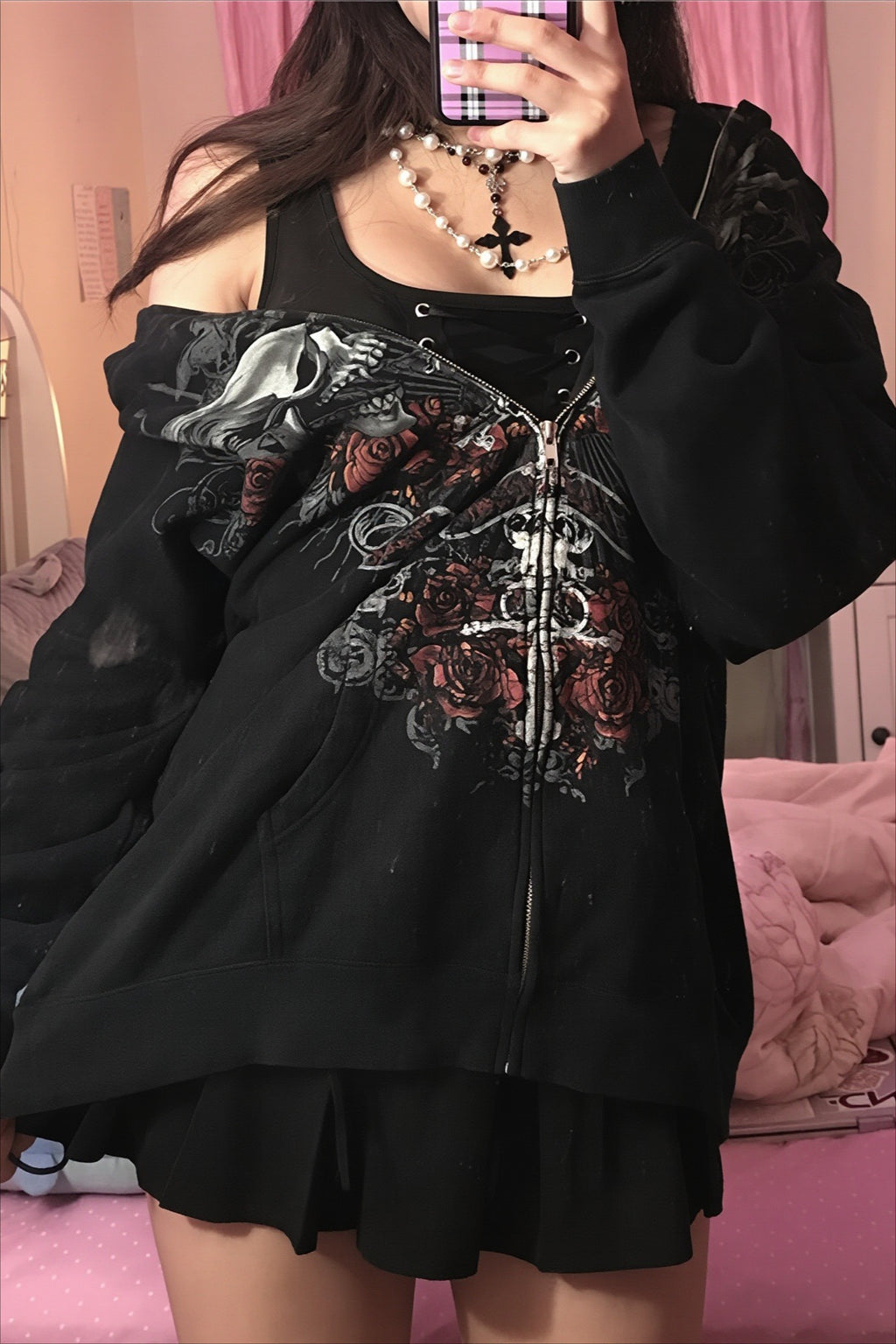 Gothic Skull Graphic Oversized Zip Hoodie