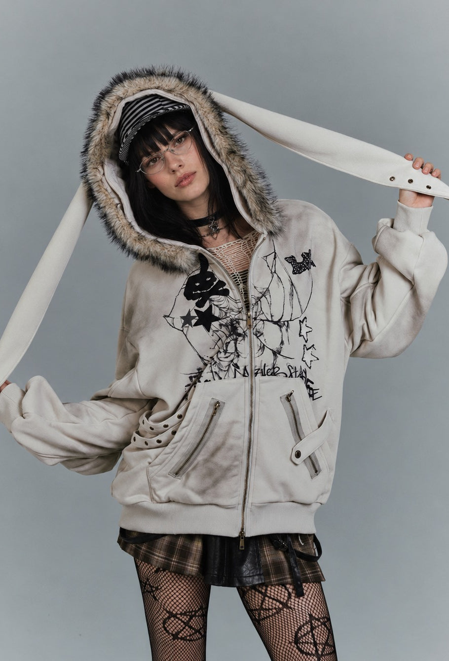 Rabbit Ear Fur Trim Zip Hoodie