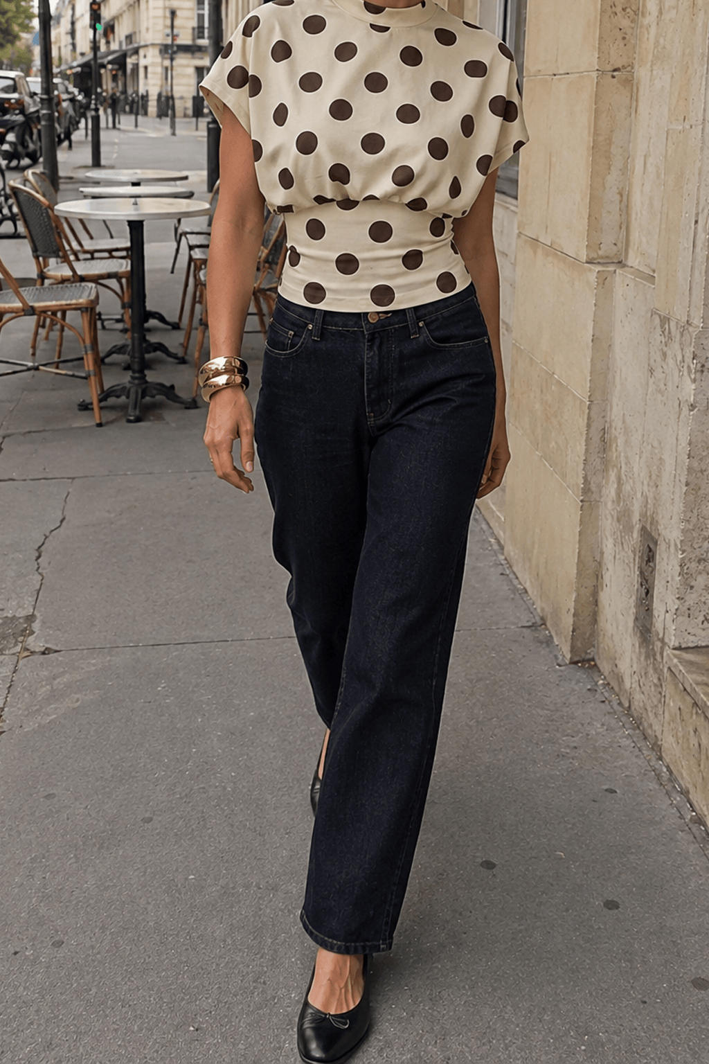 Polka Dot Waist Cinched Slim Crop Top