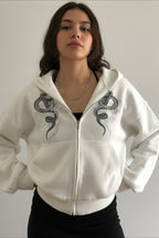 Snake Embroidery Oversized White Zip Hoodie
