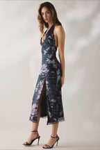 Printed Mesh Halter Side Ruched Slit Midi Dress