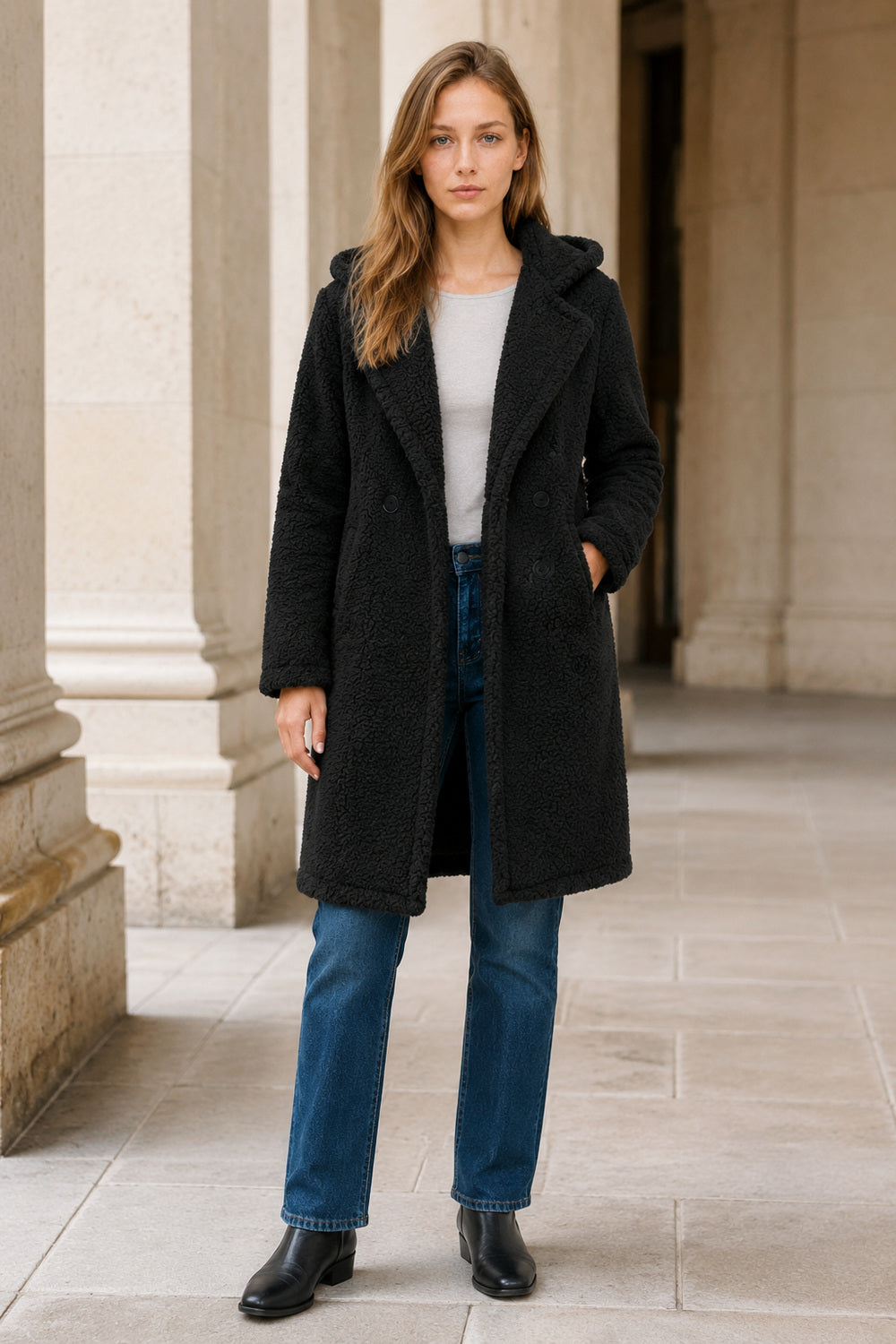 Mid-Length Fuzzy Lapel Coat Main image