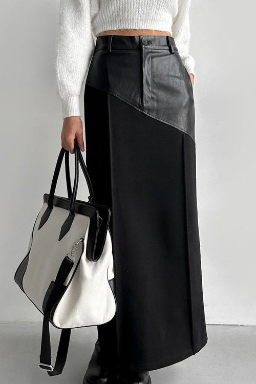 PU Leather Panel High Waist Slit Skirt Main image