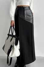 PU Leather Panel High Waist Slit Skirt