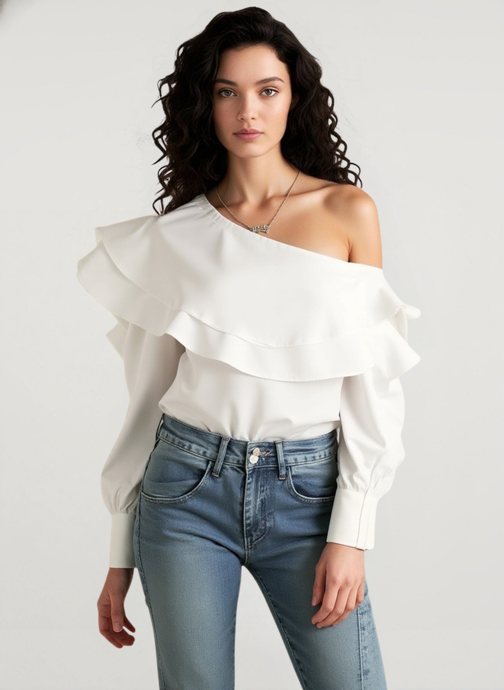 Vintage Off-Shoulder Ruffled White Blouse Main image
