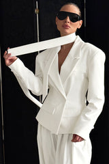 V-Neck Single Button Waist Tie Blazer