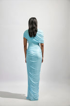 Draped Cape Shoulder Ruched Column Maxi Dress