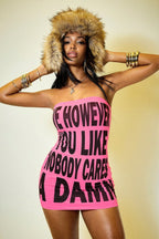 Hot Pink Letter Print Strapless Mini Dress