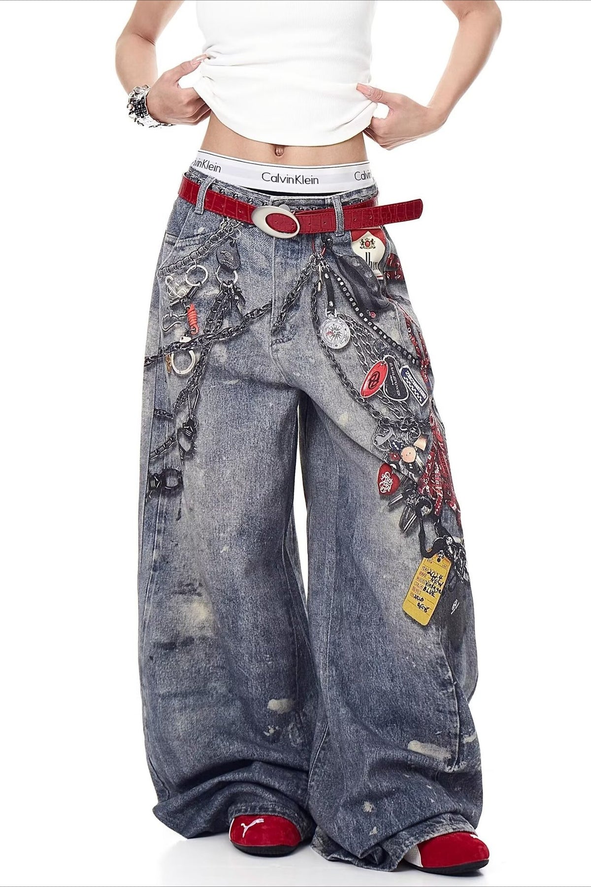 Three Dimensional Chain Print Wide Leg Jeans