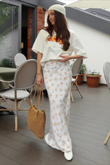 Draped Floral Print Satin Skirt