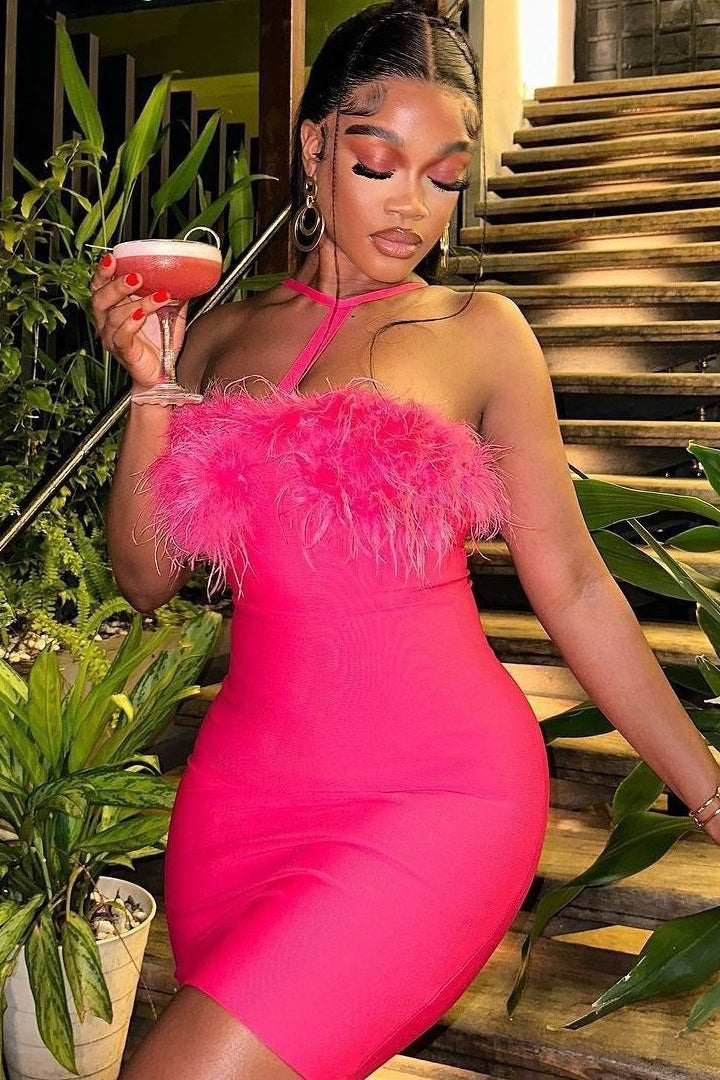 Feather Panel Halter Bodycon Graduation Party Dress Main image