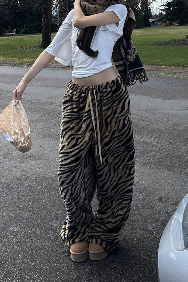 Tiger Print Fleece Drawstring Wide Leg Pants