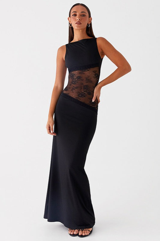 Sheer Lace Satin Panel Backless Fit Lace Dress Main image