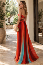 Gradient Pleated Hollow Strap Midi Dress