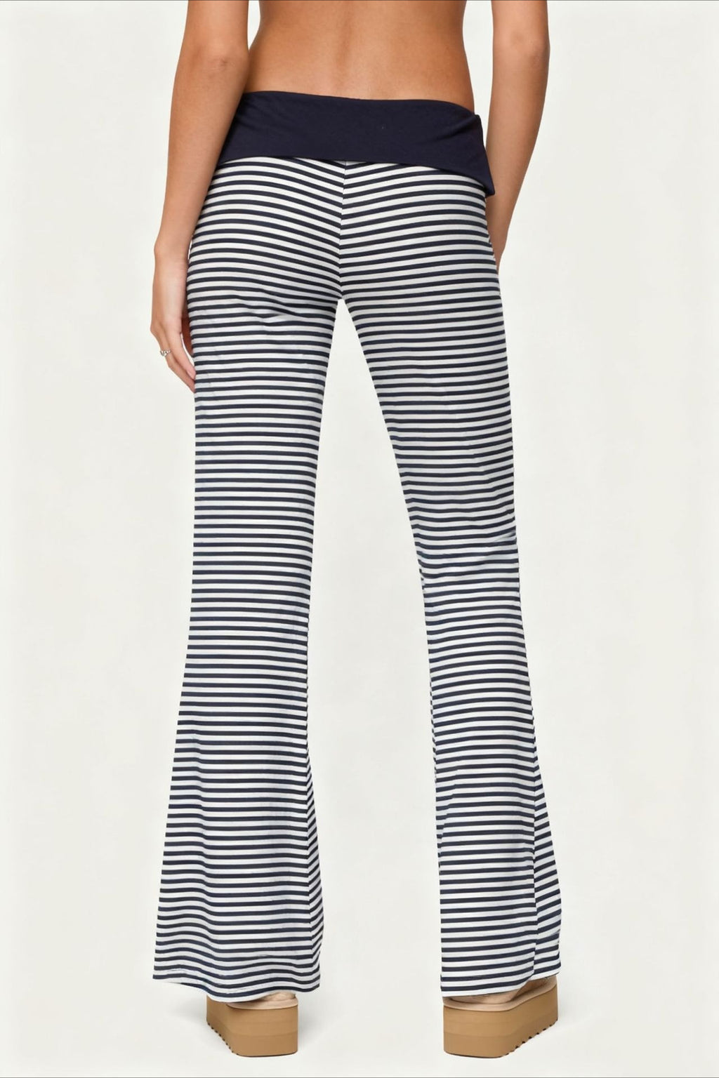 Striped Foldover Waist Flare Leg Pants
