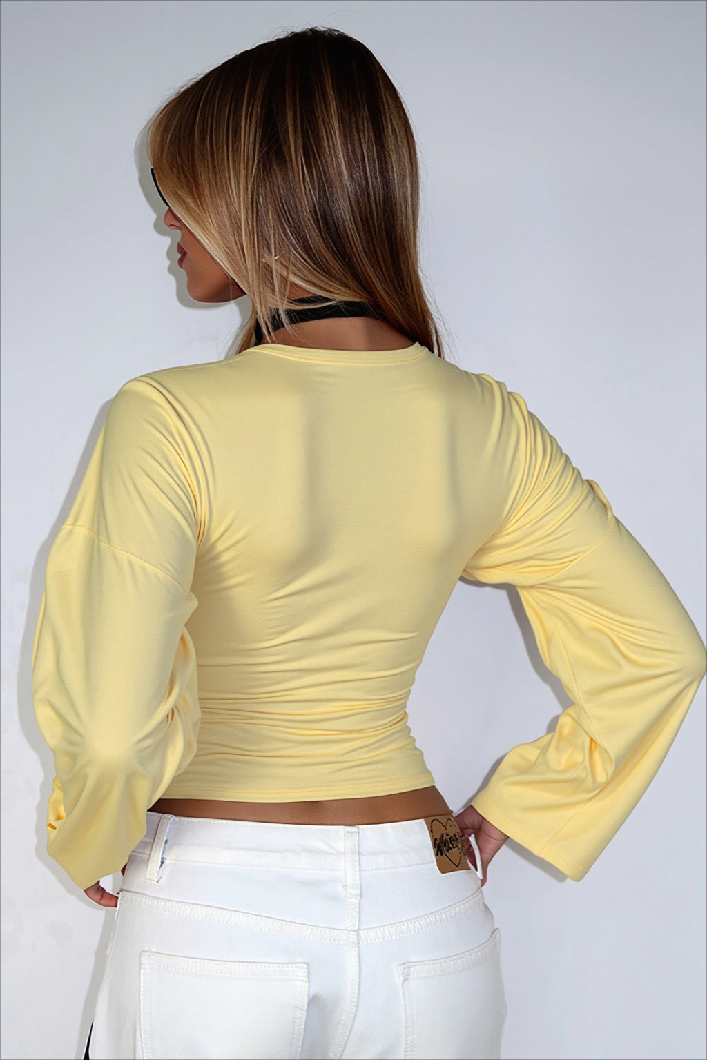 Draped V Neck Flared Sleeve Long Sleeved T-shirts