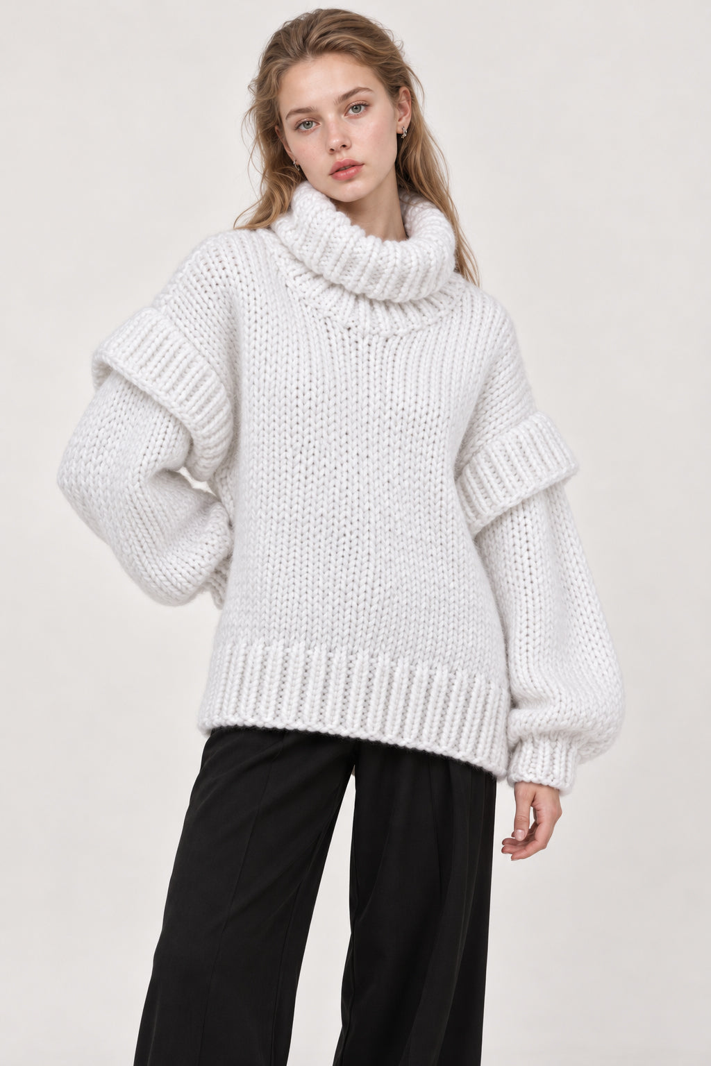 Solid Patchwork Chunky Fluffy Turtleneck Sweater