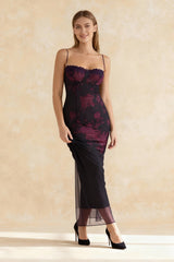 Floral Bodycon Lace Up Mesh Maxi Dress