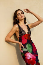 Printed Lace Panel Low Back Vacation Dress