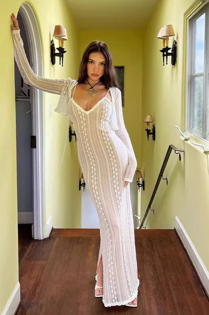 V Neck Long Sleeve Split Lace Dress Secondary image