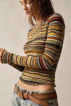 Retro Stripe Knit Cropped Long Sleeve T-Shirt