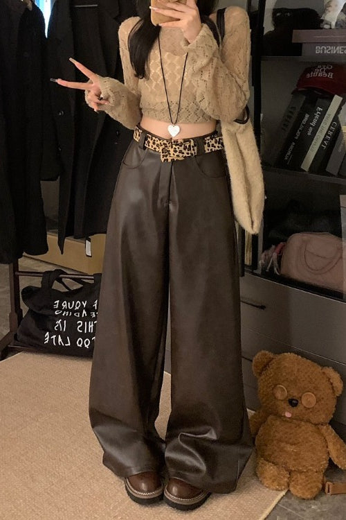 High Waist PU Leather Elastic Waist Wide Leg Pants Secondary image