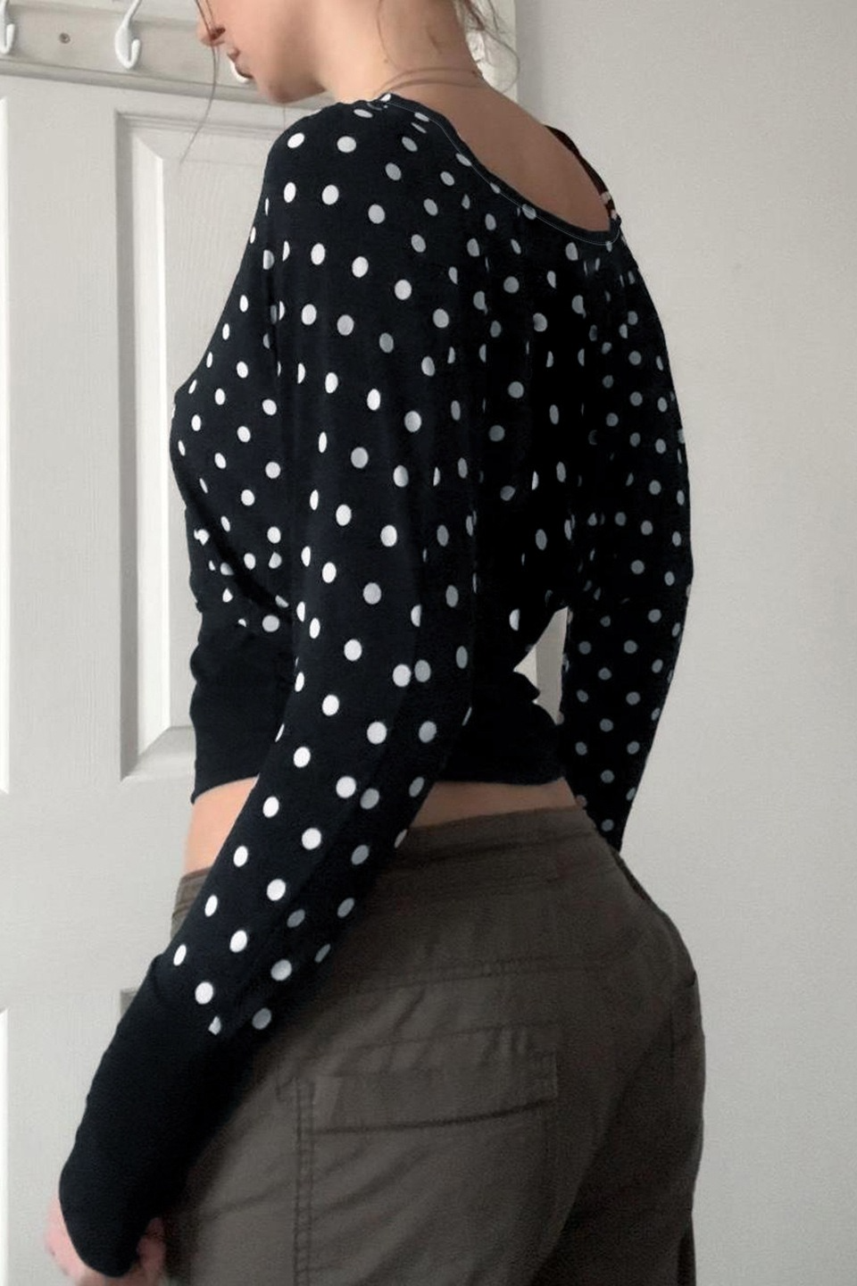 Polka Dot Print Slim Crop Waist Long Sleeve Crop Top Secondary image