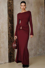 Elegant Burgundy Long Slim Metal Trim Formal Dress