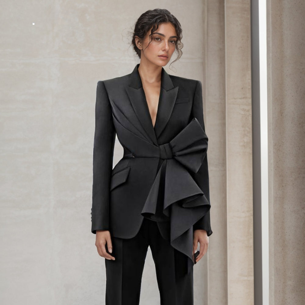 Temperament Black Notched Collar Long Sleeve Spliced Diamonds  Slimming Blazer Main image