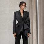 Temperament Black Notched Collar Long Sleeve Spliced Diamonds  Slimming Blazer