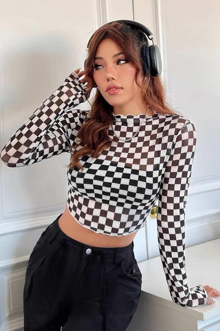 Checkerboard Mesh Mock Neck Slim Long Sleeve Crop Top Main image