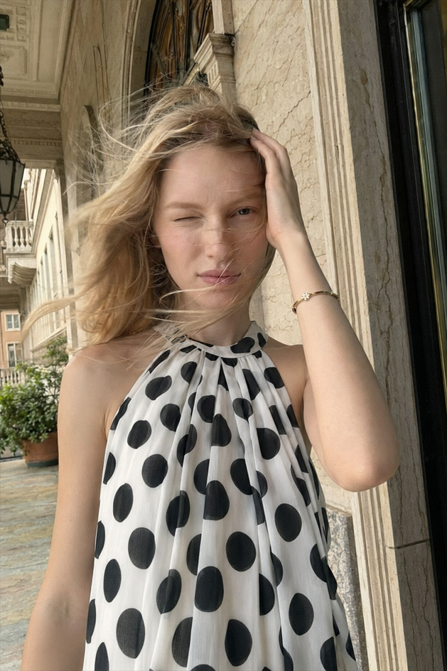 Elegant Polka Dot Halter Sleeveless Maxi Dress