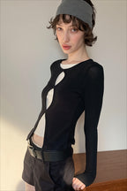 Cutout Layered Slim Long Sleeve T-shirts