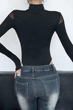 Asymmetrical Cutout Mesh Turtleneck Slim Bodysuit