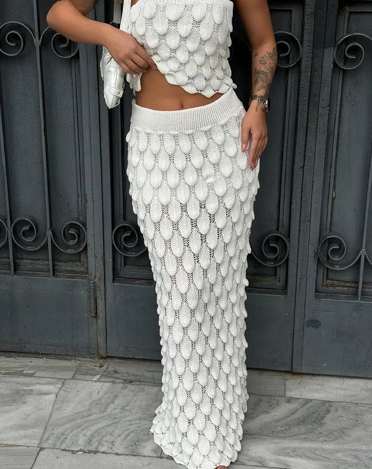Crochet Solid Ruffle Ruched High Waist Two Piece Skirt Set Secondary image