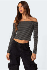 Striped Off Shoulder Bodycon Knit Top