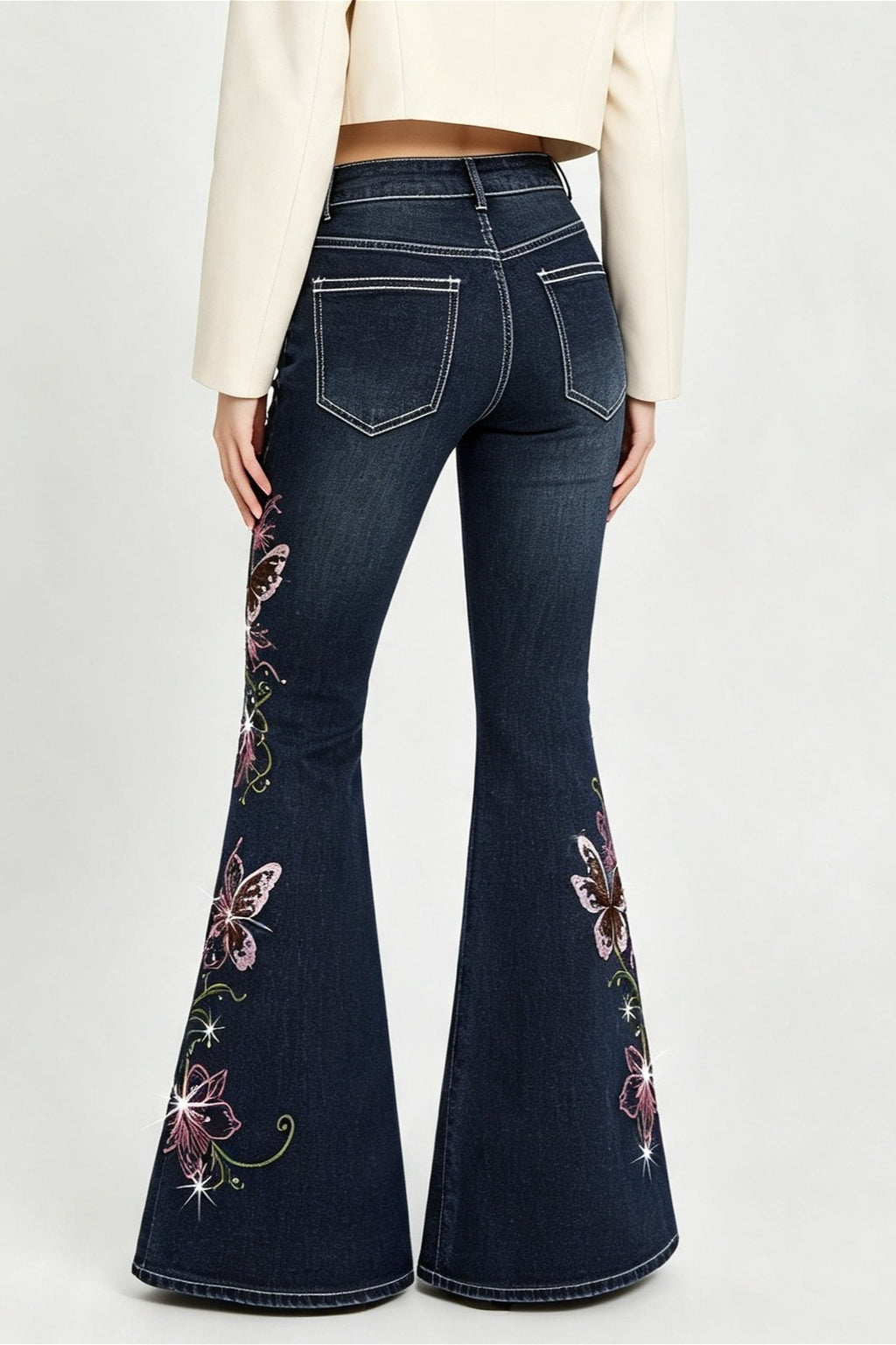 Butterfly Embroidered Stretch Slim Flare Jeans