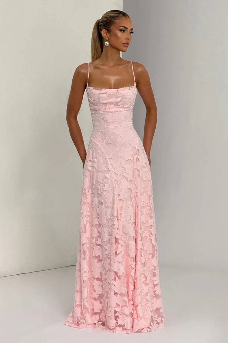 Jacquard Cami Backless Maxi Lace Dress