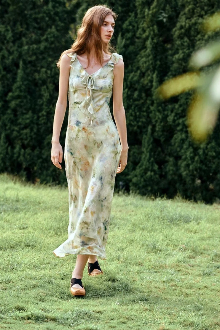 Leaf Edge V-neck Ruffle Vacation Floral Dress Secondary image