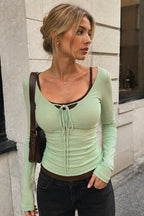 Tie Front Layered Two Piece Long Sleeve T-shirts