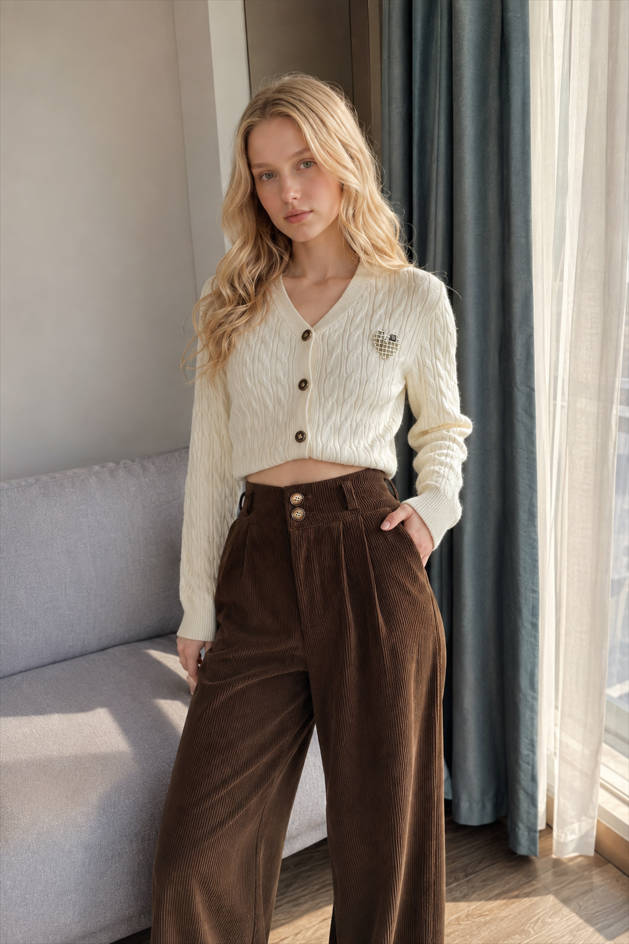 Solid Corduroy Wide Leg Knit Pants