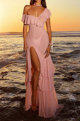 Asymmetric Sheer Ruffle Birthday Dress