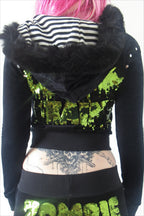 Velvet Rhinestone Fur Trim Zip Hoodie