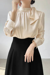 Bow Tie Front Soft Workwear Slim Long Sleeve Blouse
